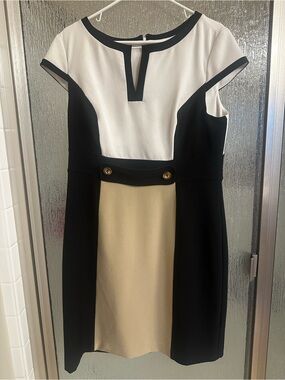 dressbarn Black, White & Beige Colorblock Cap-Sleeve Sheath Dress